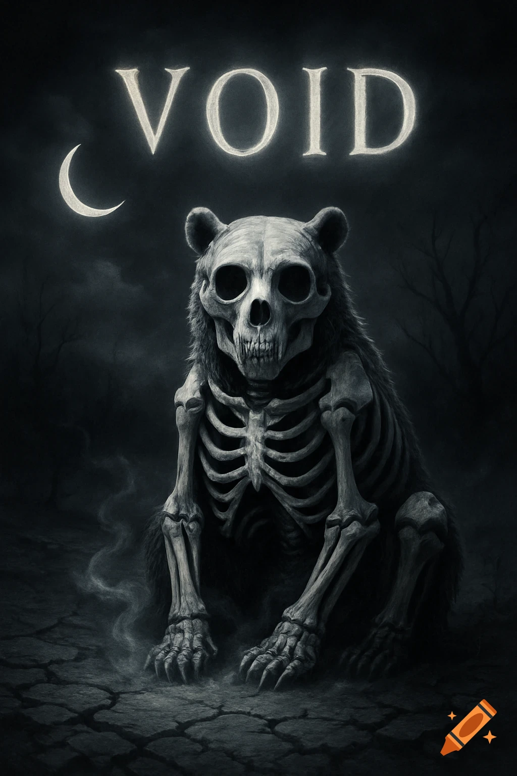 A dark fantasy image of a sitting skeleton bear with fur, under a crescent moon, with the glowing word 'VOID' above it.