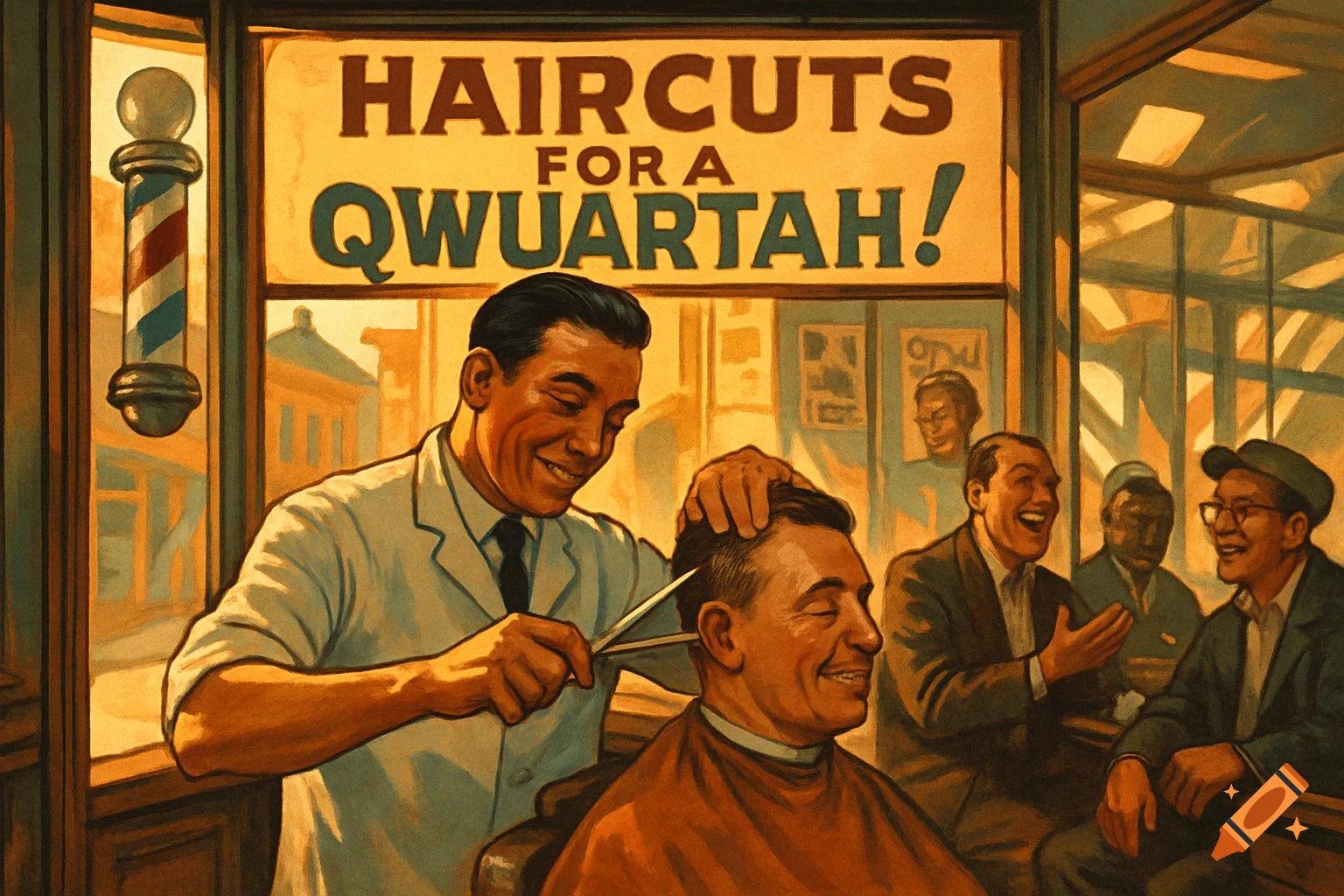 A vintage-style illustration of a lively barbershop with a barber cutting a man's hair, while others laugh in the background. A sign above the window reads "HAIRCUTS FOR A QWUARTAH!"