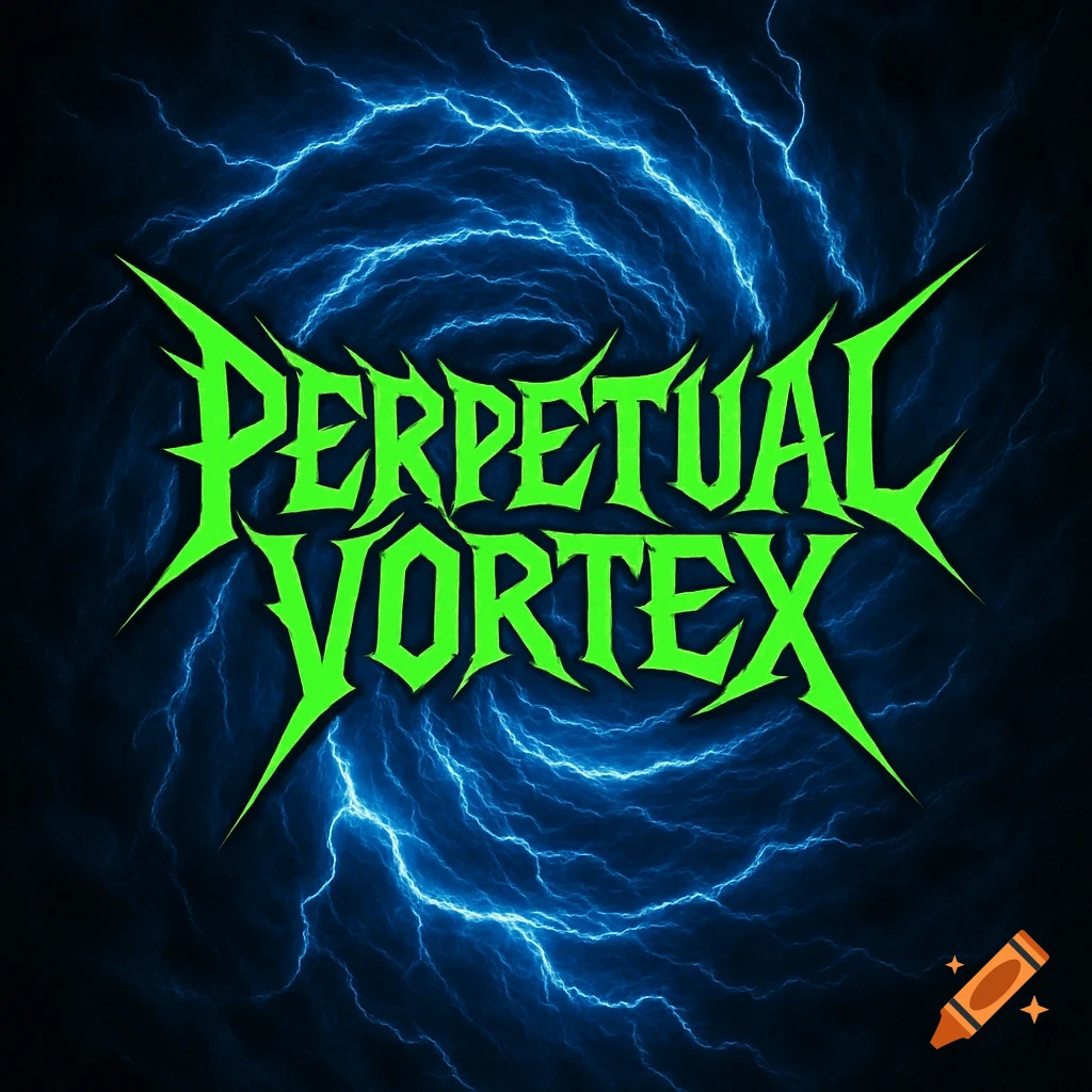 A bright green thrash metal band logo 'PERPETUAL VORTEX' against a dark blue background with lightning bolts forming a vortex.