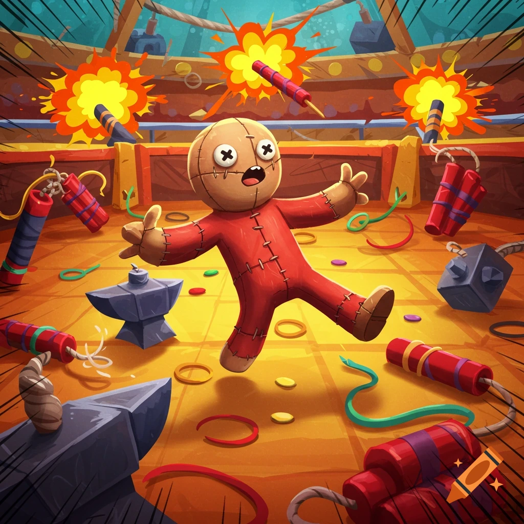 A surprised red rag doll floats among cartoon explosions, dynamite, and anvils on a colorful floor, in a bright cartoon illustration.