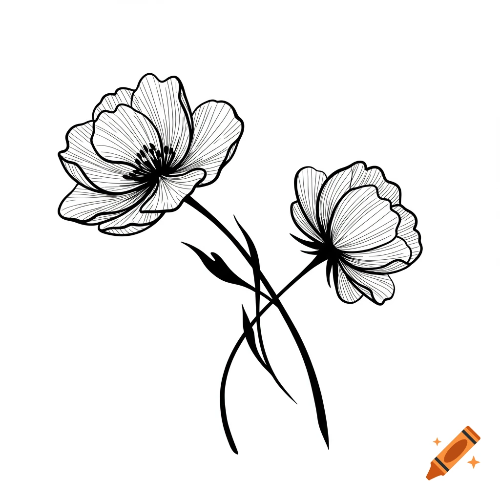 Two stylized black and white line art flowers with delicate petals and entwined stems.
