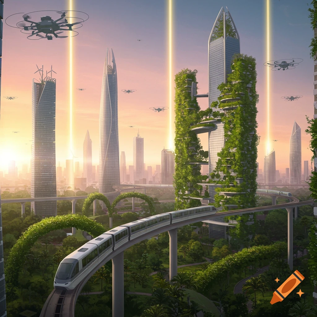 A vibrant, futuristic cityscape at sunrise featuring green, vine-covered skyscrapers, an elevated monorail, and flying drones.