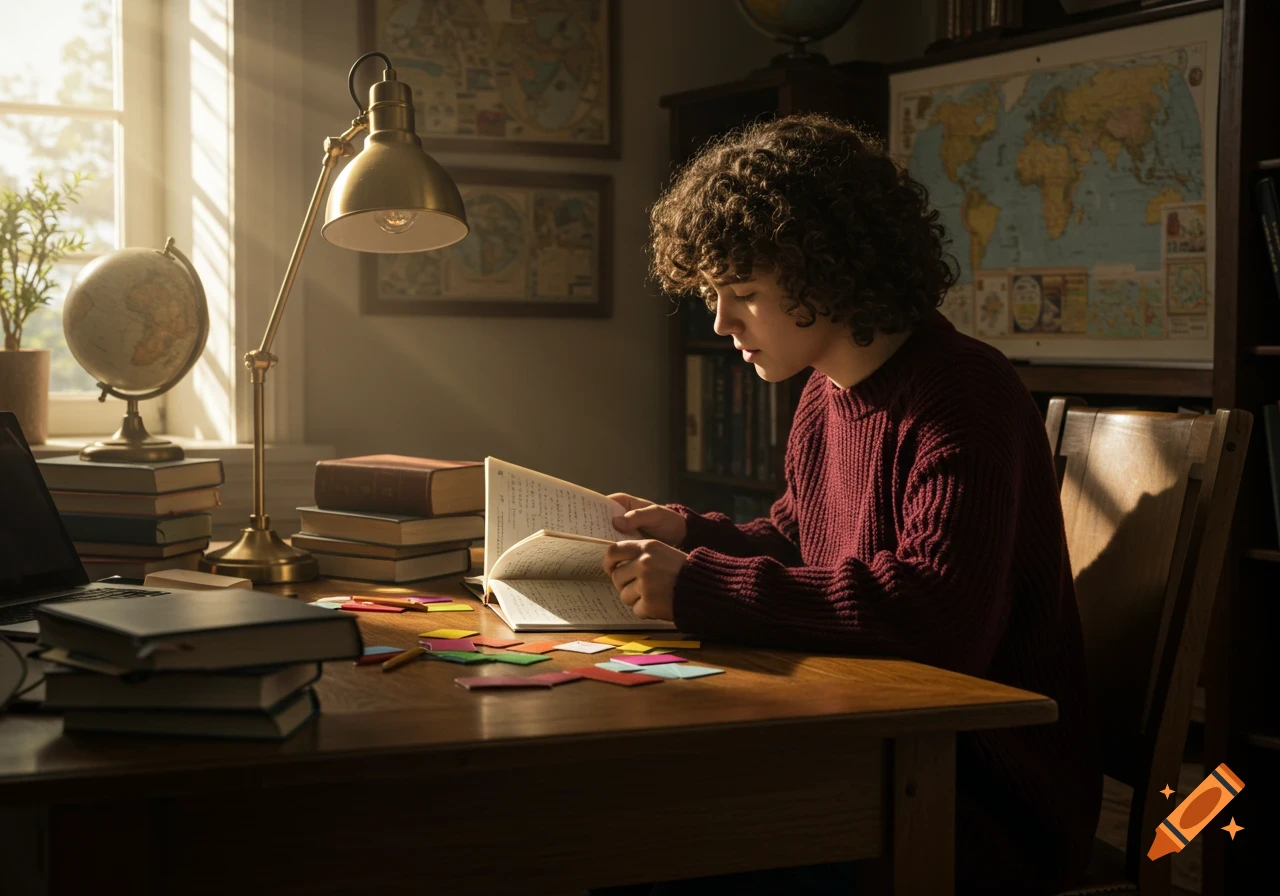 Teenager with curly hair reading a book at a wooden desk, illuminated by sunlight from a window.