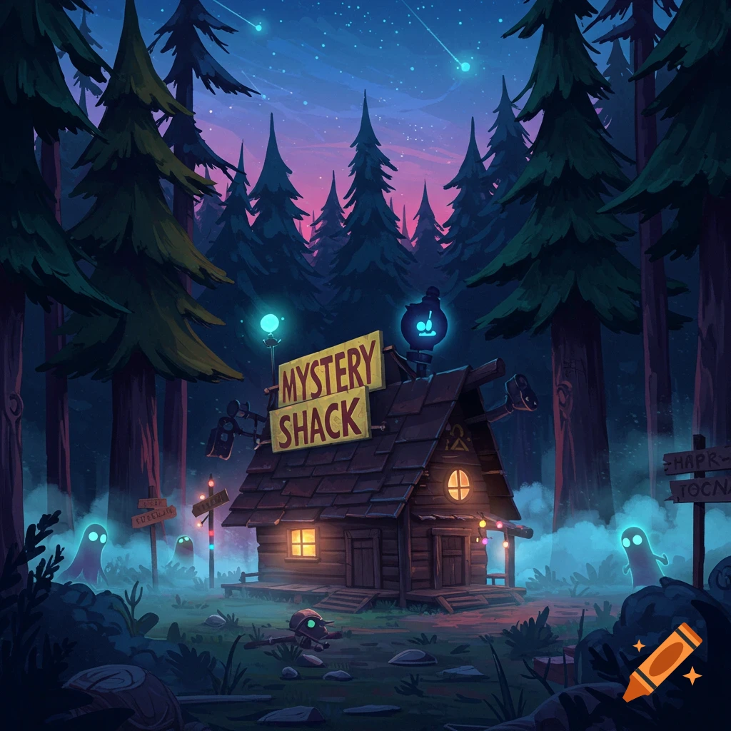 A stylized, spooky cartoon shack in a dark forest at night, with glowing blue lights, floating ghosts, and a sign reading "Mystery Shack".