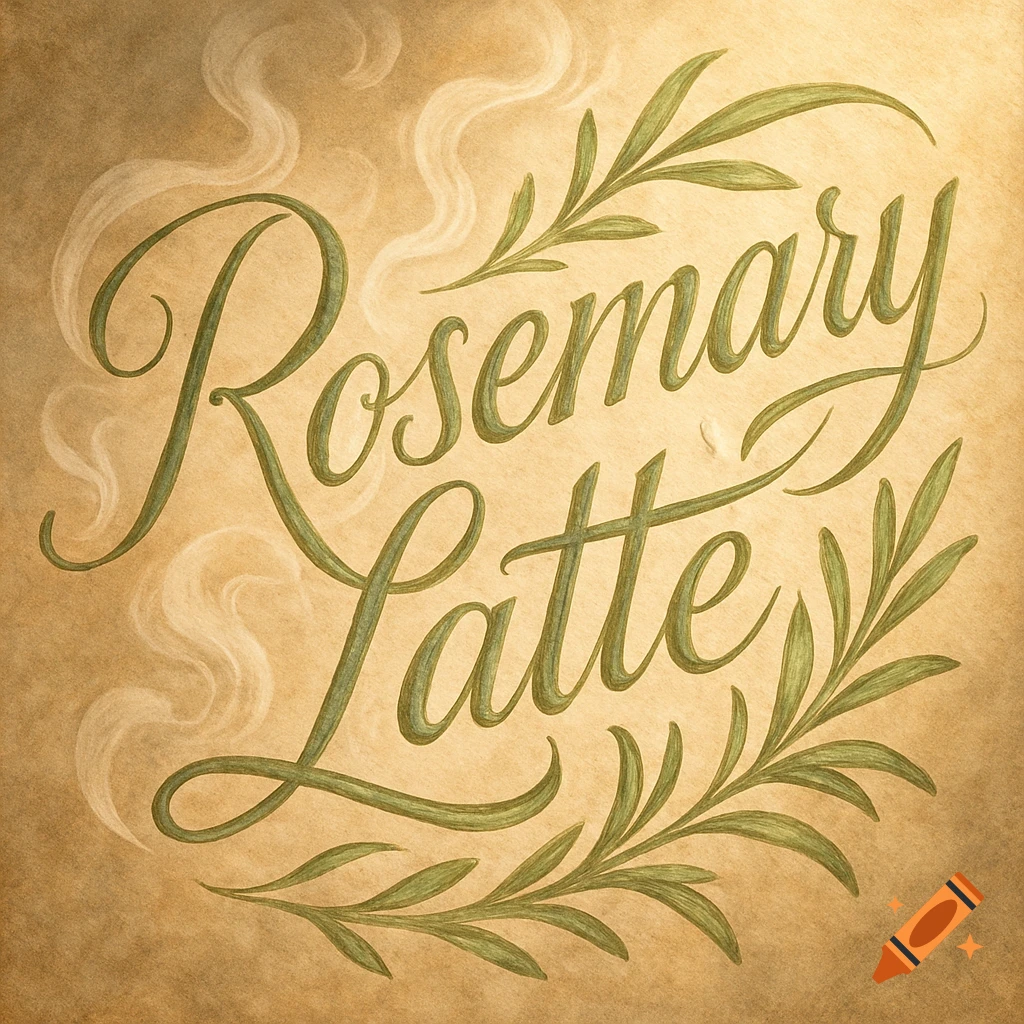 Calligraphic green text 'Rosemary Latte' with botanical leaves on a textured, warm-toned background.