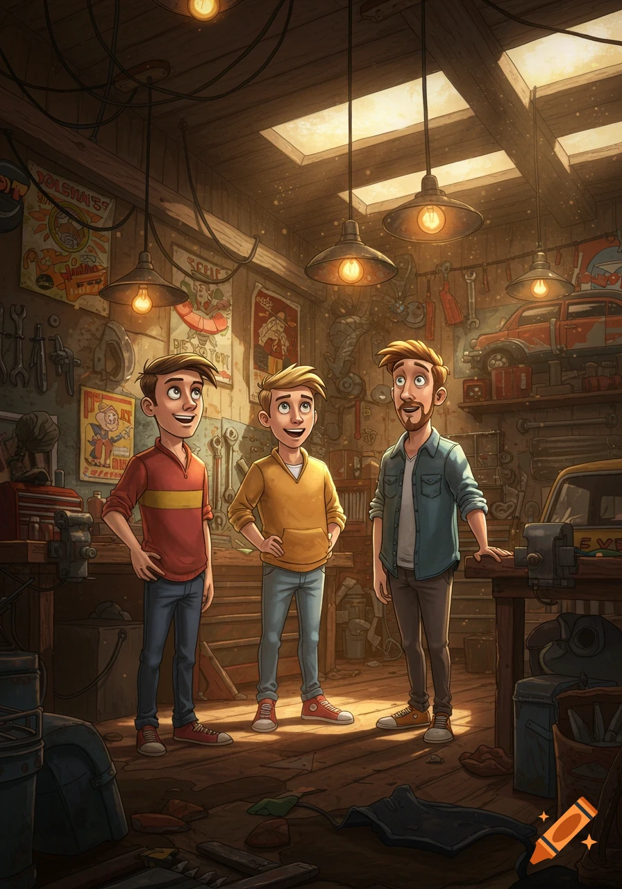 Three animated men, two young and one older, stand smiling in a detailed, cluttered garage workshop with tools and classic cars.