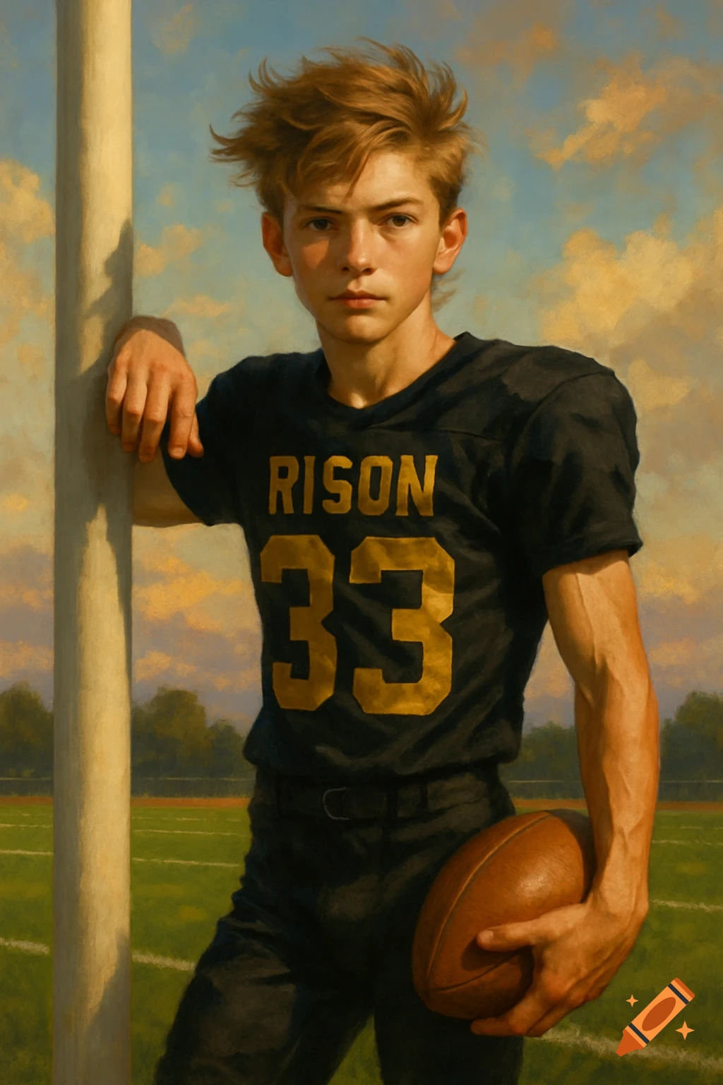 Painterly portrait of a young football player in a black and gold uniform leaning on a goal post, holding a football.
