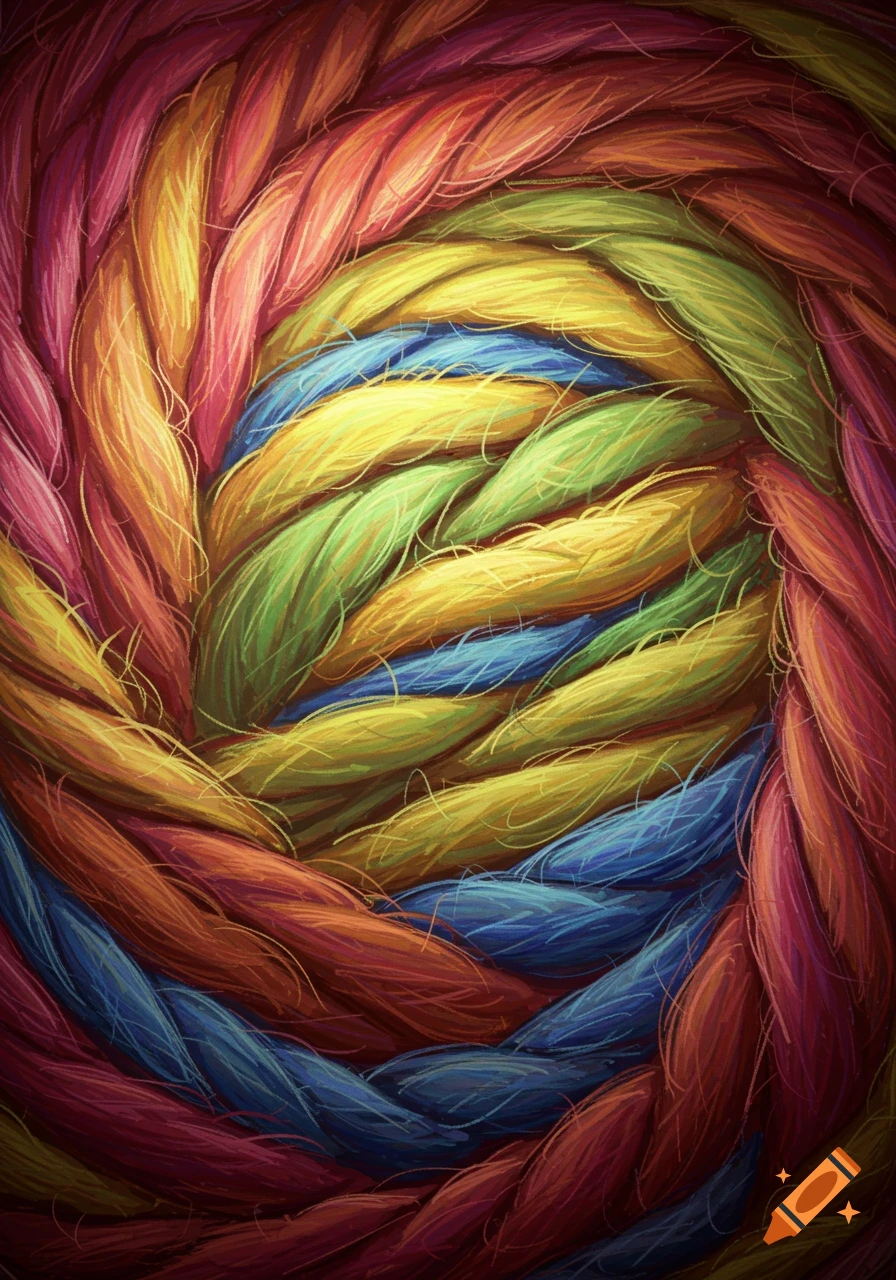 A vibrant close-up of multicolored braided wool or yarn, creating an intricate texture with reds, yellows, greens, and blues.