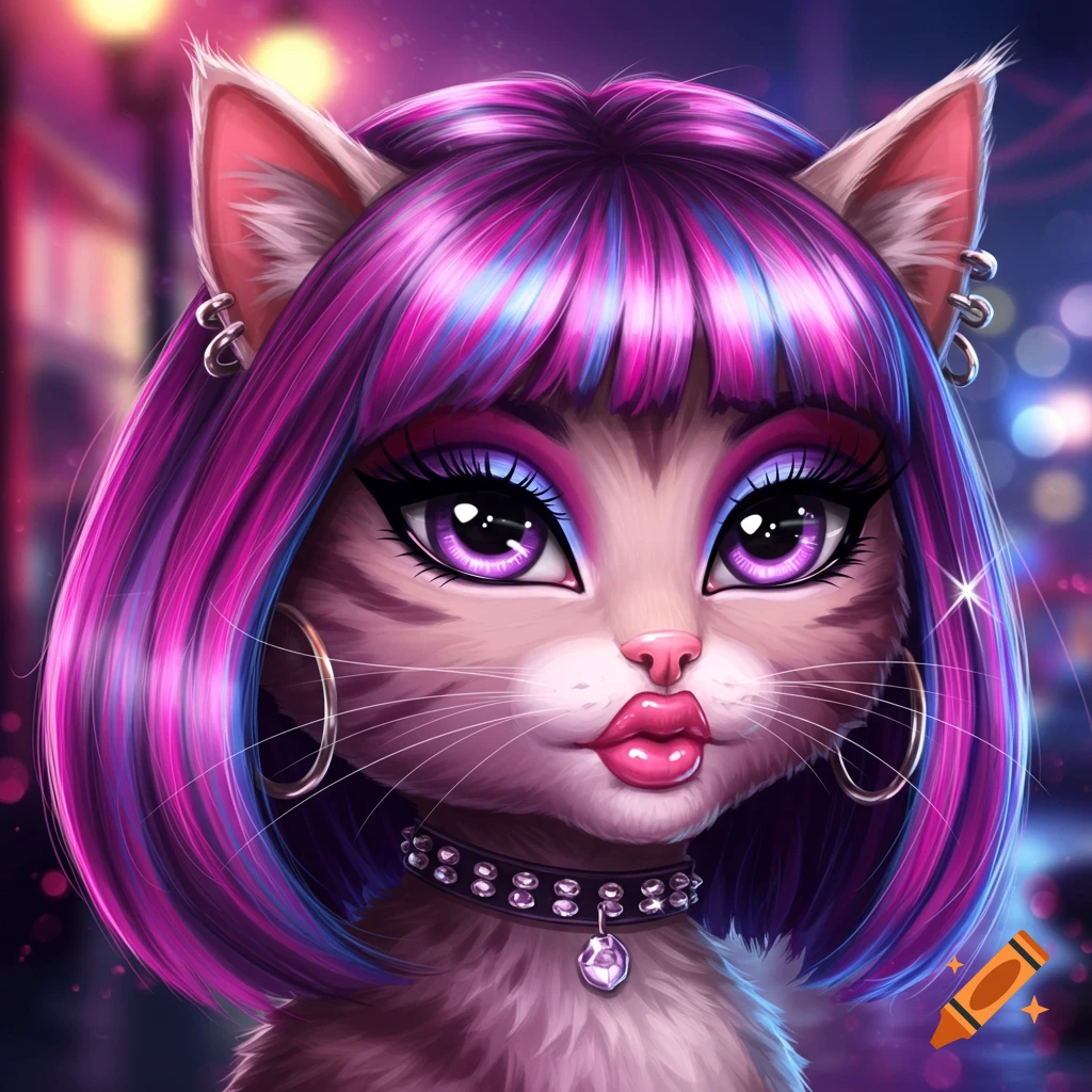A Bratz-style cartoon cat with purple and pink hair, heavy makeup, large hoop earrings, and a studded choker, against a blurred city background.