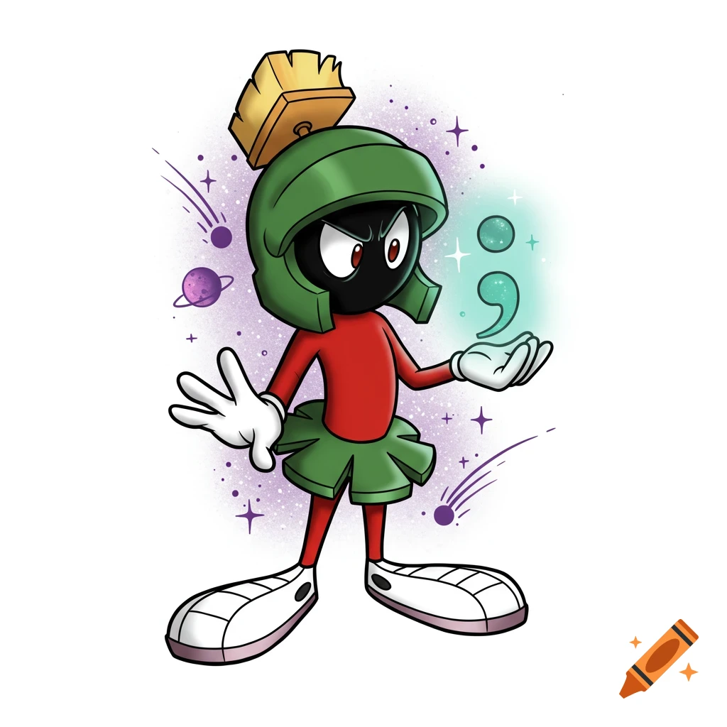 A cartoon illustration of Marvin the Martian in space, holding a glowing teal semicolon symbol.