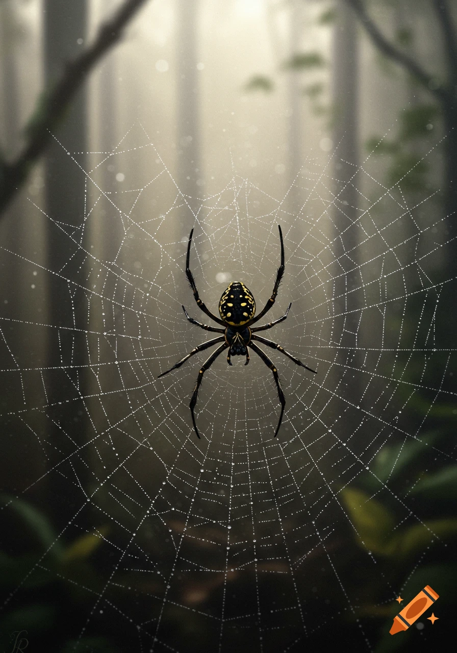 A yellow and black garden spider on a dew-covered web in a misty forest.