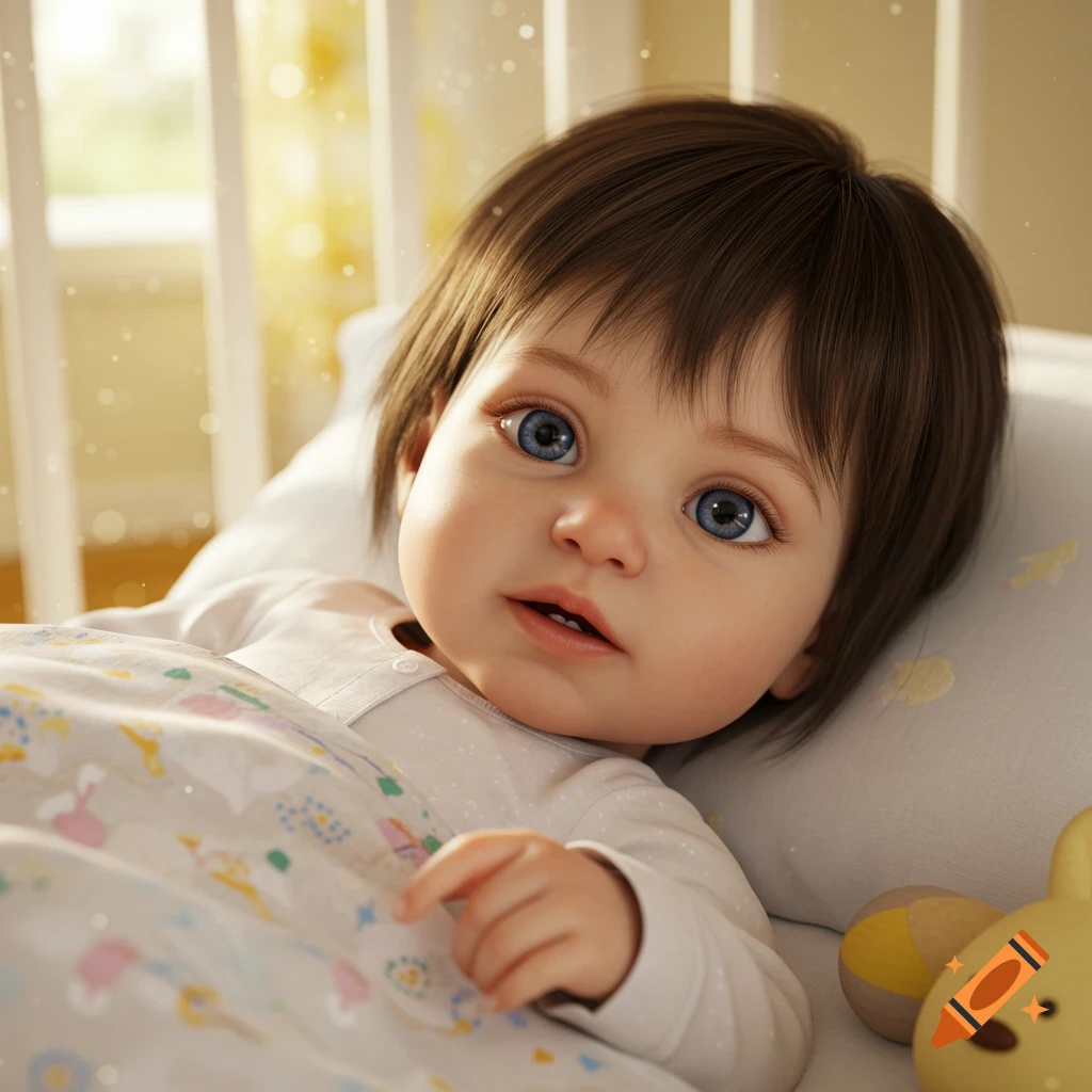 Close-up photorealistic portrait of a baby with blue eyes lying in a crib in a cozy nursery, looking upwards.