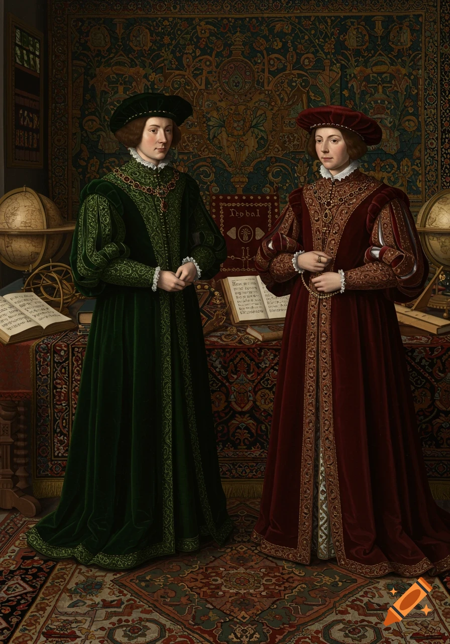 Two figures in elaborate green and red Renaissance-era velvet gowns stand in a richly decorated room with tapestries, globes, and books, in the style of a classical painting.