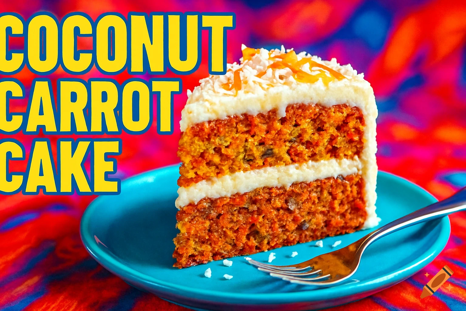 Vibrant slice of coconut carrot cake with cream cheese frosting on a teal plate, text "COCONUT CARROT CAKE" above.