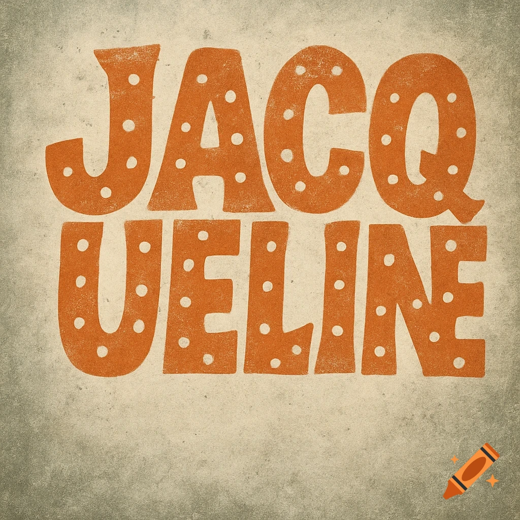 Stylized, faded orange text spelling JACQUELINE on a textured, off-white background. The letters are rounded with small white polka-dots.