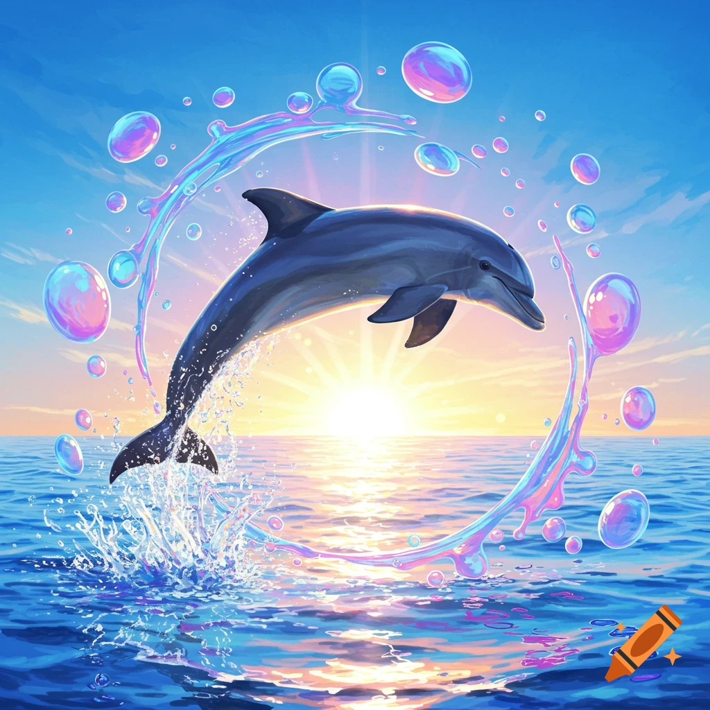 Vibrant illustration of a dolphin leaping from the ocean at sunset, surrounded by colorful bubbles and water splashes.