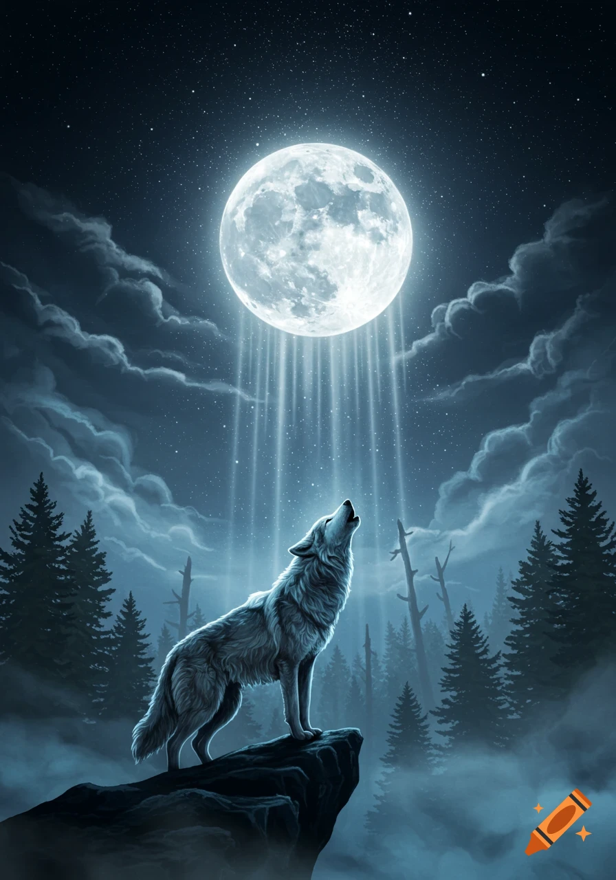 A white wolf howls at a large, glowing full moon in a misty, starry forest at night, airbrush fantasy style.