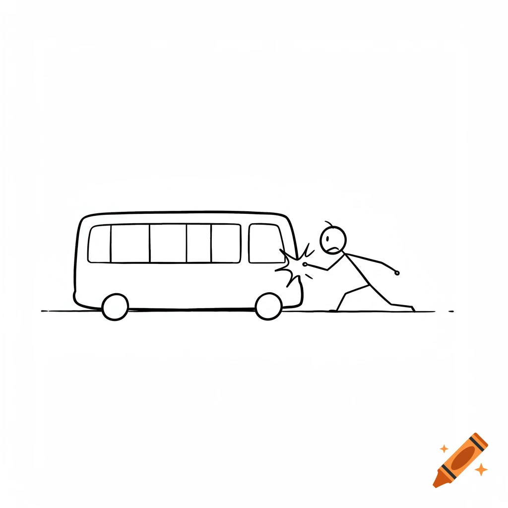 A minimalist stick figure drawing of a bus hitting a person.
