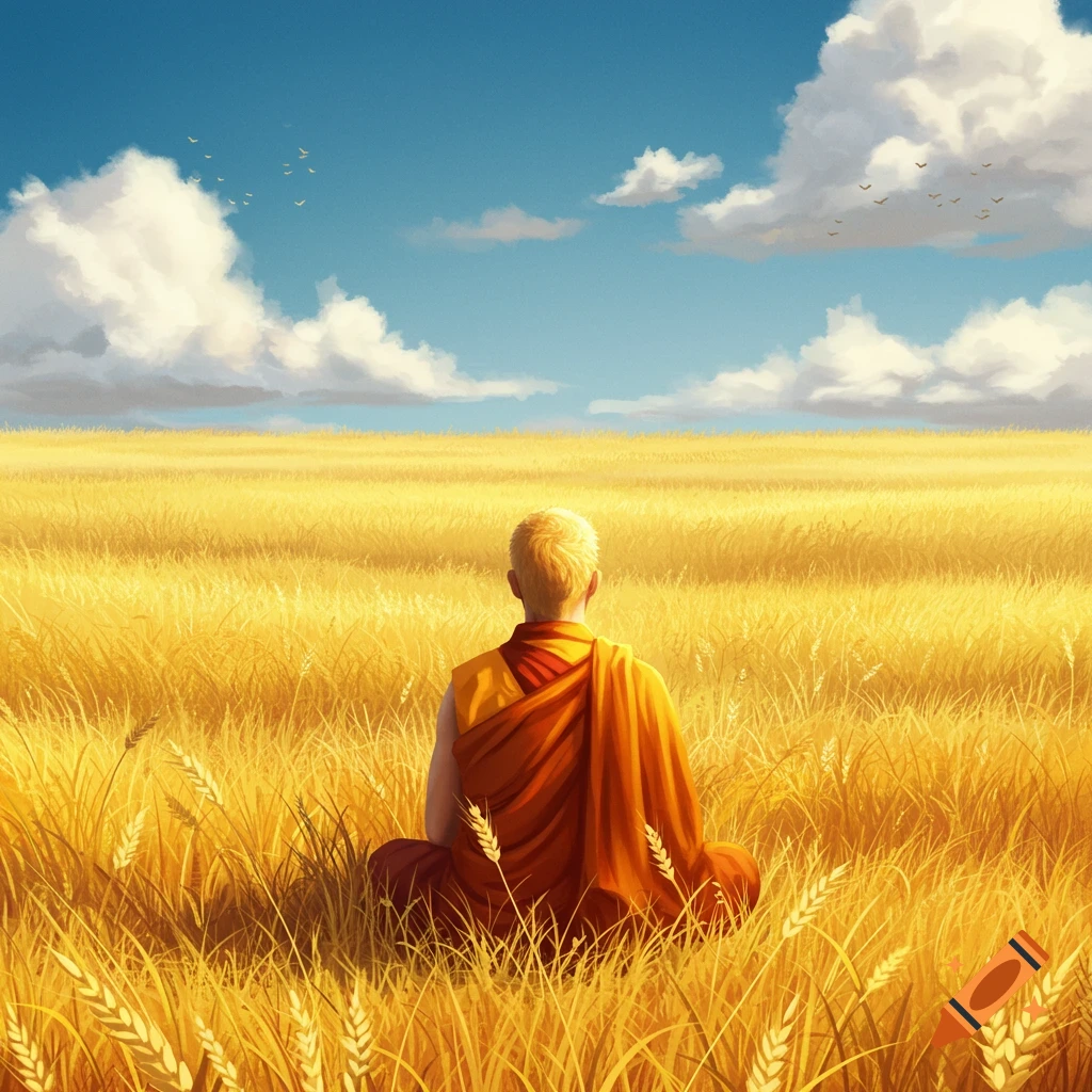 A person in an orange monk's robe meditates in a golden wheat field under a blue sky.