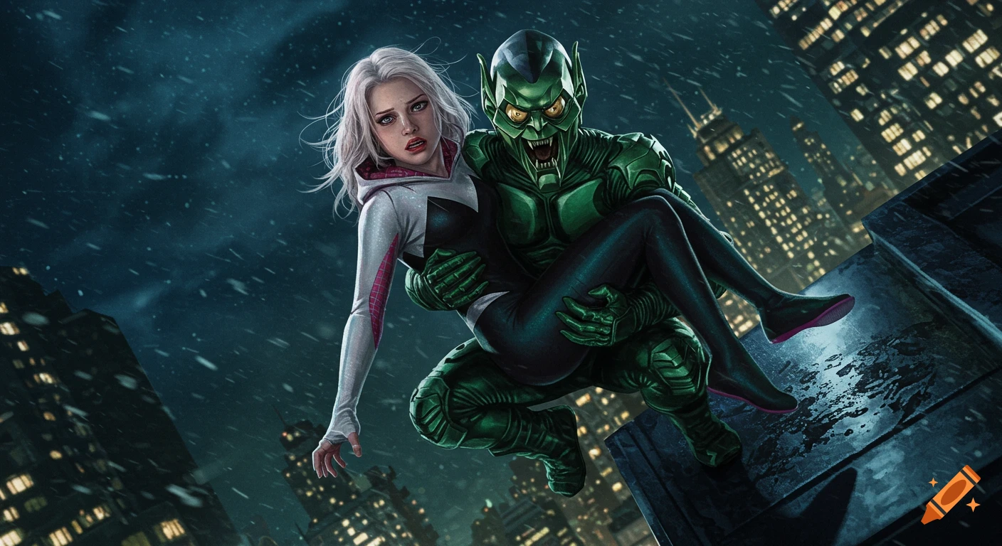 Green Goblin carries a surprised Spider-Gwen over a rainy rooftop with a city skyline at night, rendered in a dramatic, realistic style.