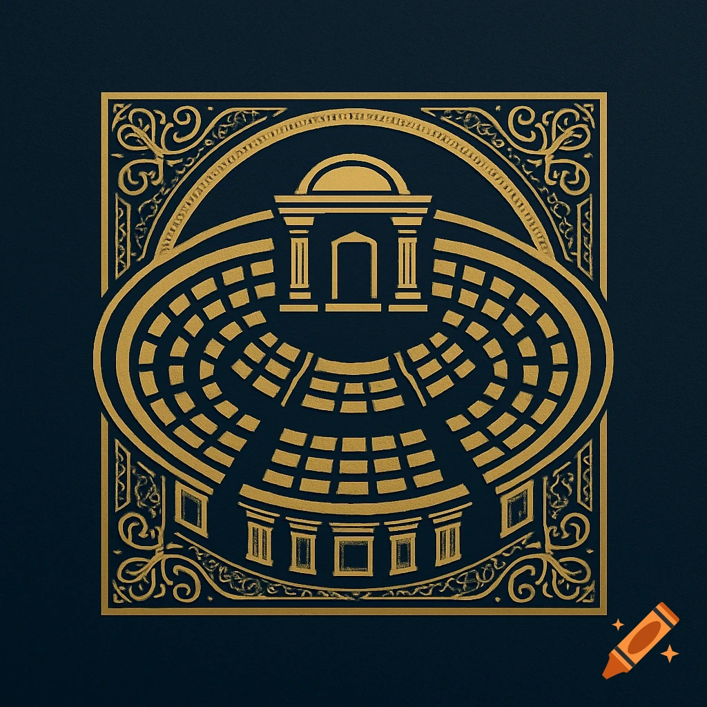 A gold stylized logo depicting a parliament building floor plan, enclosed within ornate decorative borders on a dark blue background.