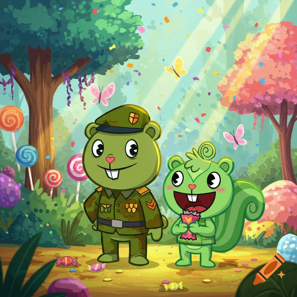 Cartoon Flippy the bear in military uniform and Nutty the squirrel with candy in a vibrant, whimsical candy forest.