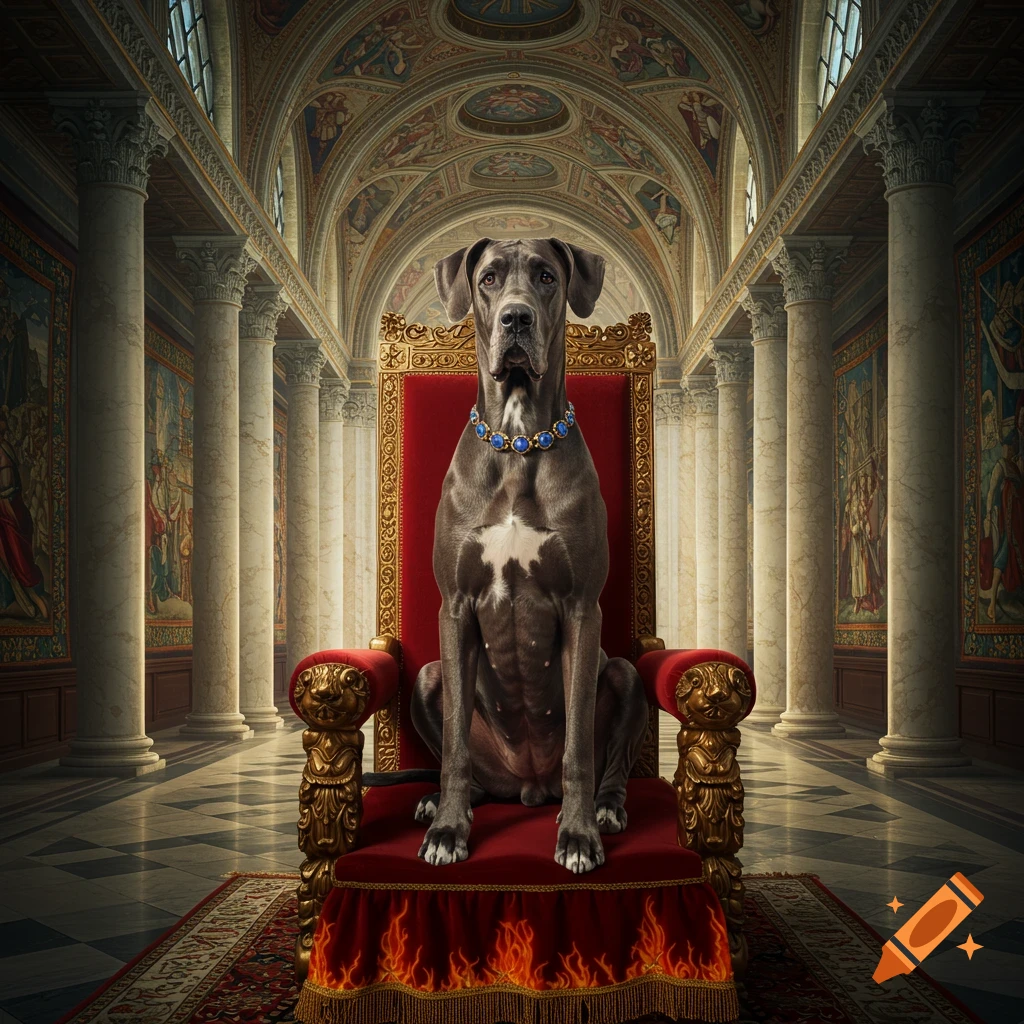 A grey Great Dane sits upright on a red and gold royal throne in a grand, ornate hall, wearing a blue jeweled collar.