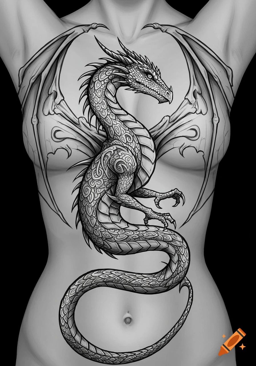Grayscale illustration of an ornate dragon tattoo covering a torso, with wings spread and tail curving to the hip.
