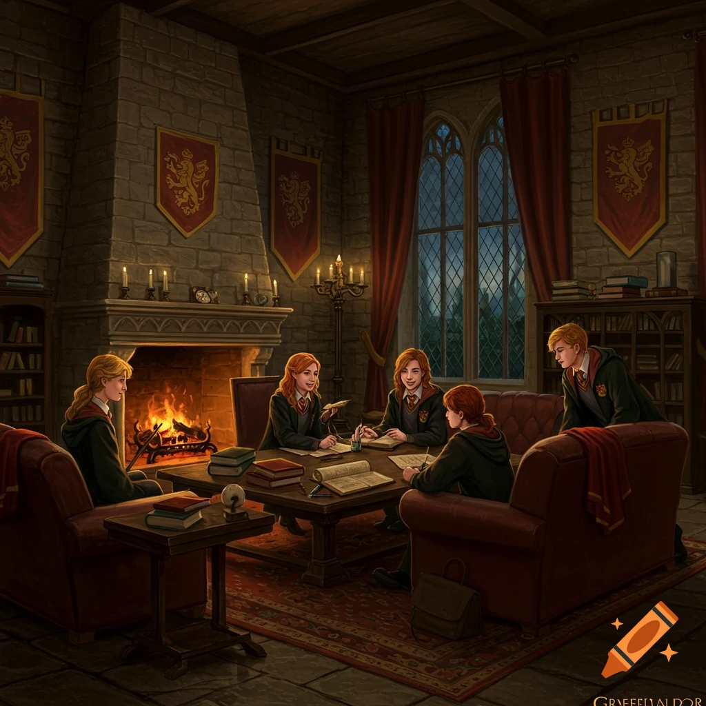 Gryffindor students study in a warm, stone-walled common room with a roaring fireplace and large arched windows.