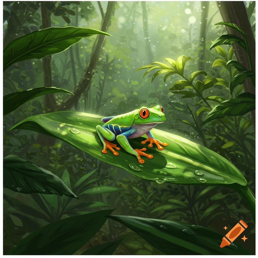 A vibrant green frog with orange feet and red eyes sits on a large leaf in a lush, sunlit jungle.