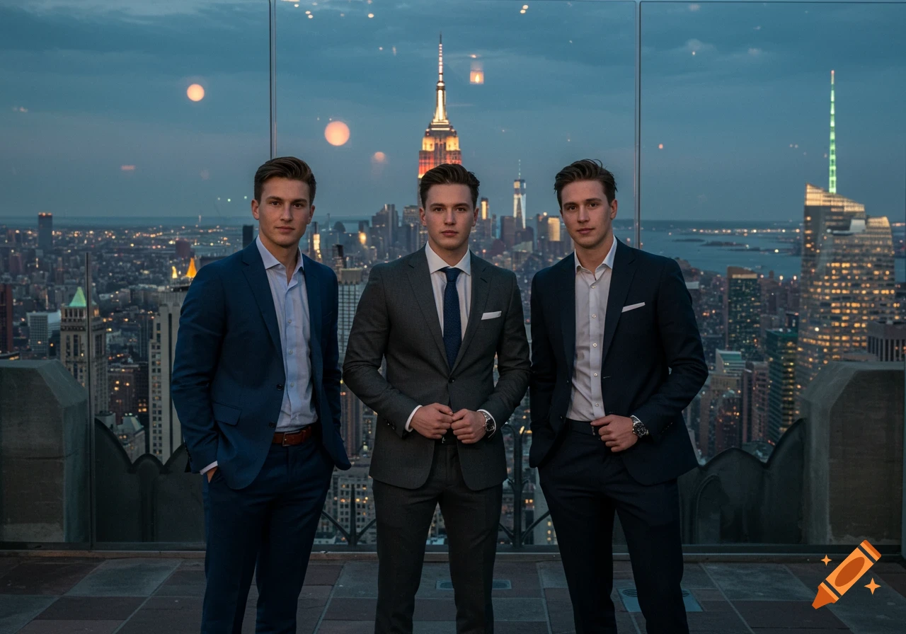 Three young men in stylish suits stand on a rooftop overlooking the New York City skyline with the Empire State Building at dusk. Photorealistic.