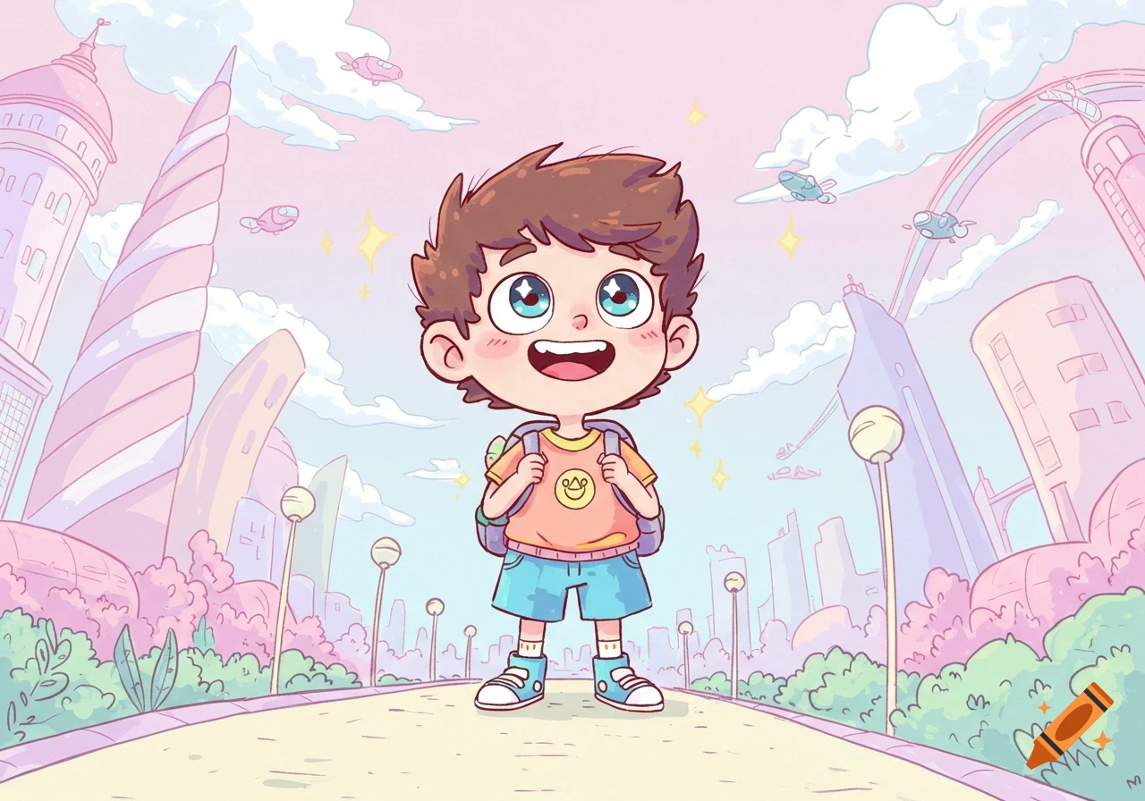 A smiling cartoon boy with a backpack stands on a street in a vibrant, futuristic city with colorful buildings and flying vehicles.