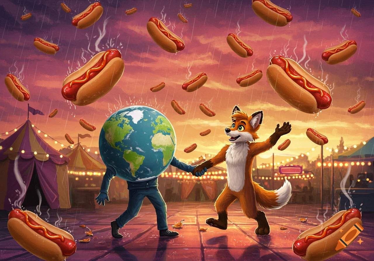 A furry fox character holds hands with a person who has the Earth for a head, standing in a carnival as hotdogs rain down.