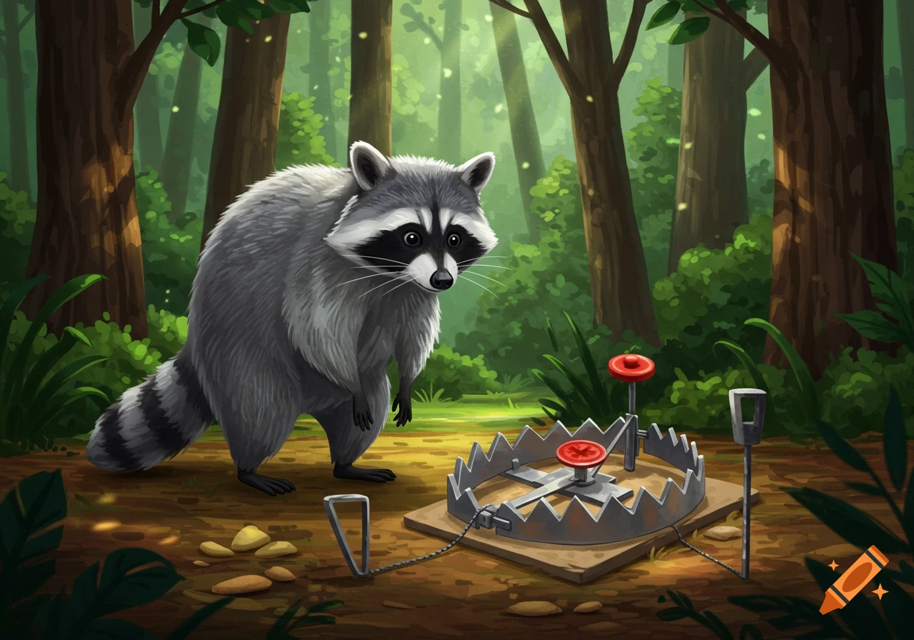 A cartoon raccoon stands cautiously near an open metal animal trap in a sun-dappled forest.