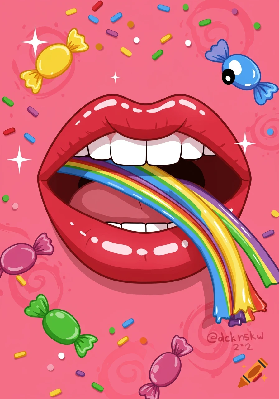 A cartoon illustration of a red mouth with a rainbow streaming out, surrounded by colorful candies and sprinkles on a pink background.