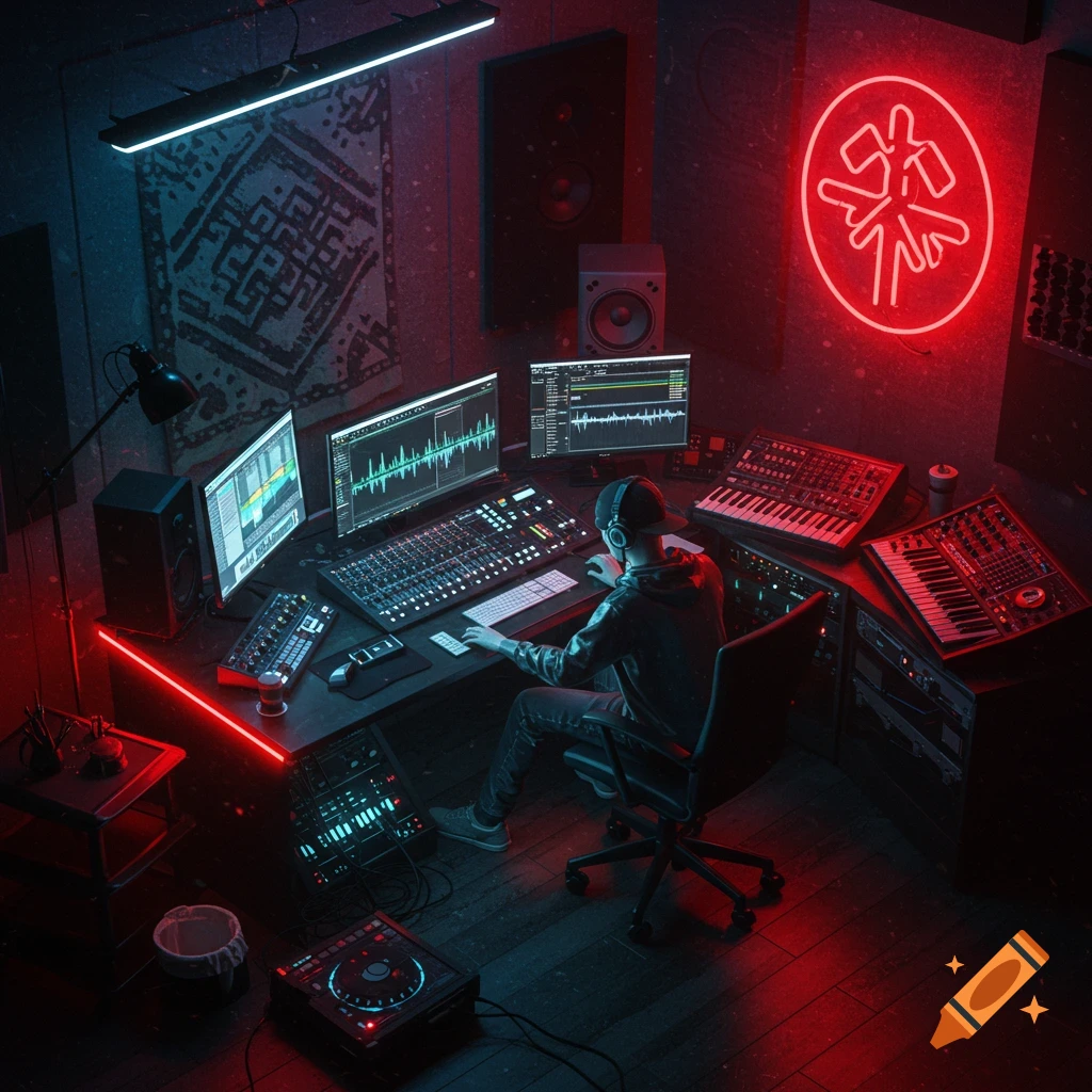 An overhead view of a person wearing headphones sitting at a desk in a dimly lit music studio, surrounded by computer monitors displaying waveforms, keyboards, and audio equipment with neon red and blue lighting.