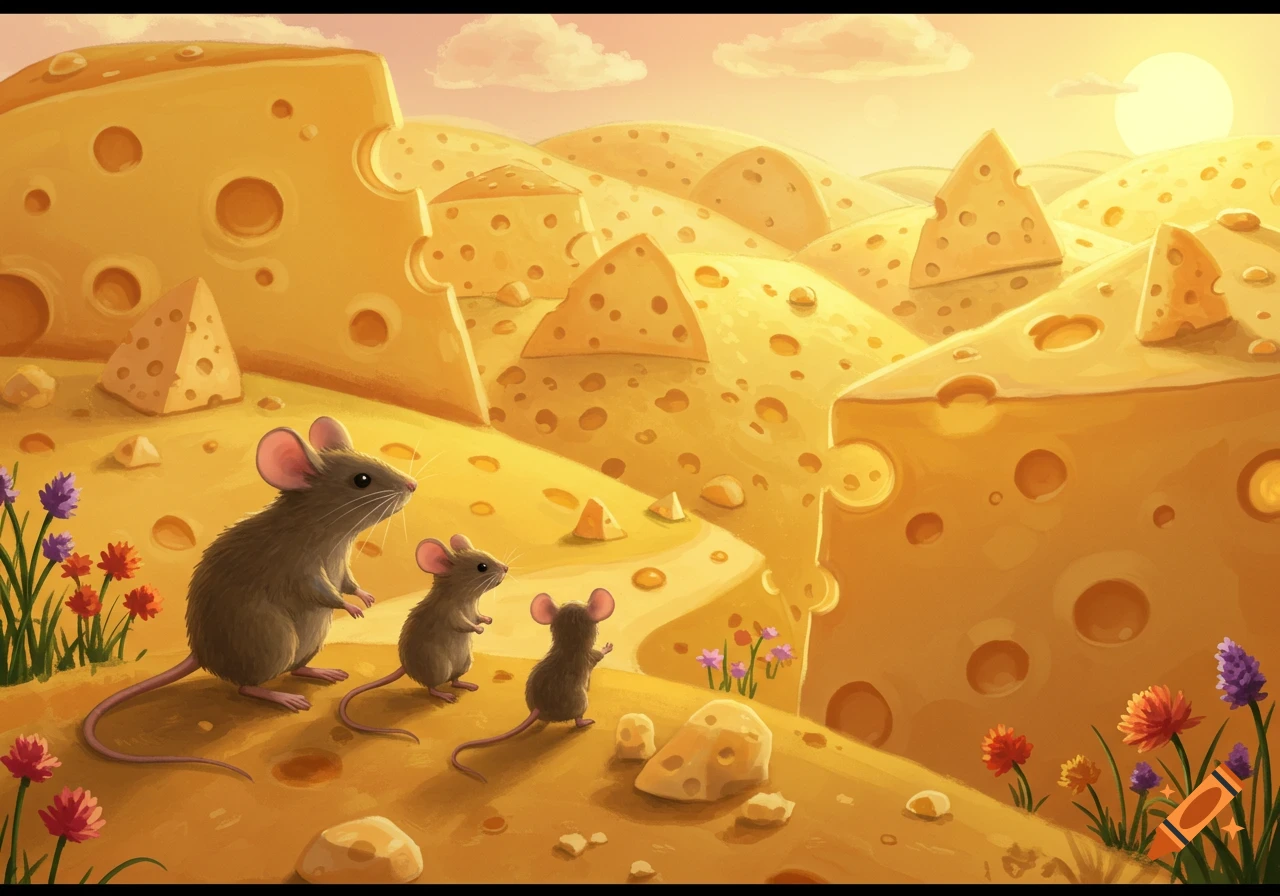 A cartoon illustration of a parent mouse and two baby mice walking through a golden landscape made of cheese, with a setting sun.
