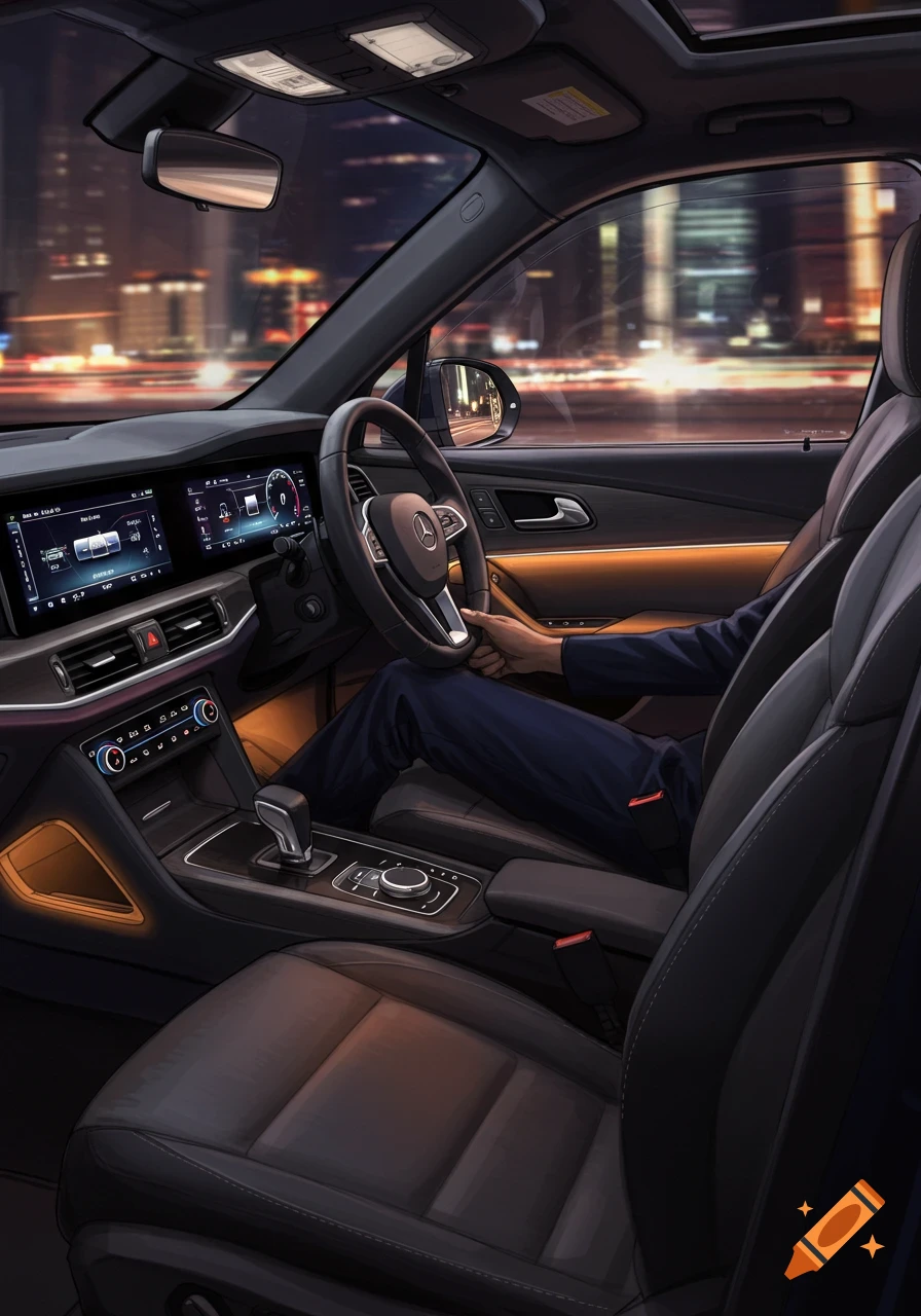 Interior view of a luxury car with a driver's hands on the steering wheel, illuminated dashboard, and blurred city lights at night.