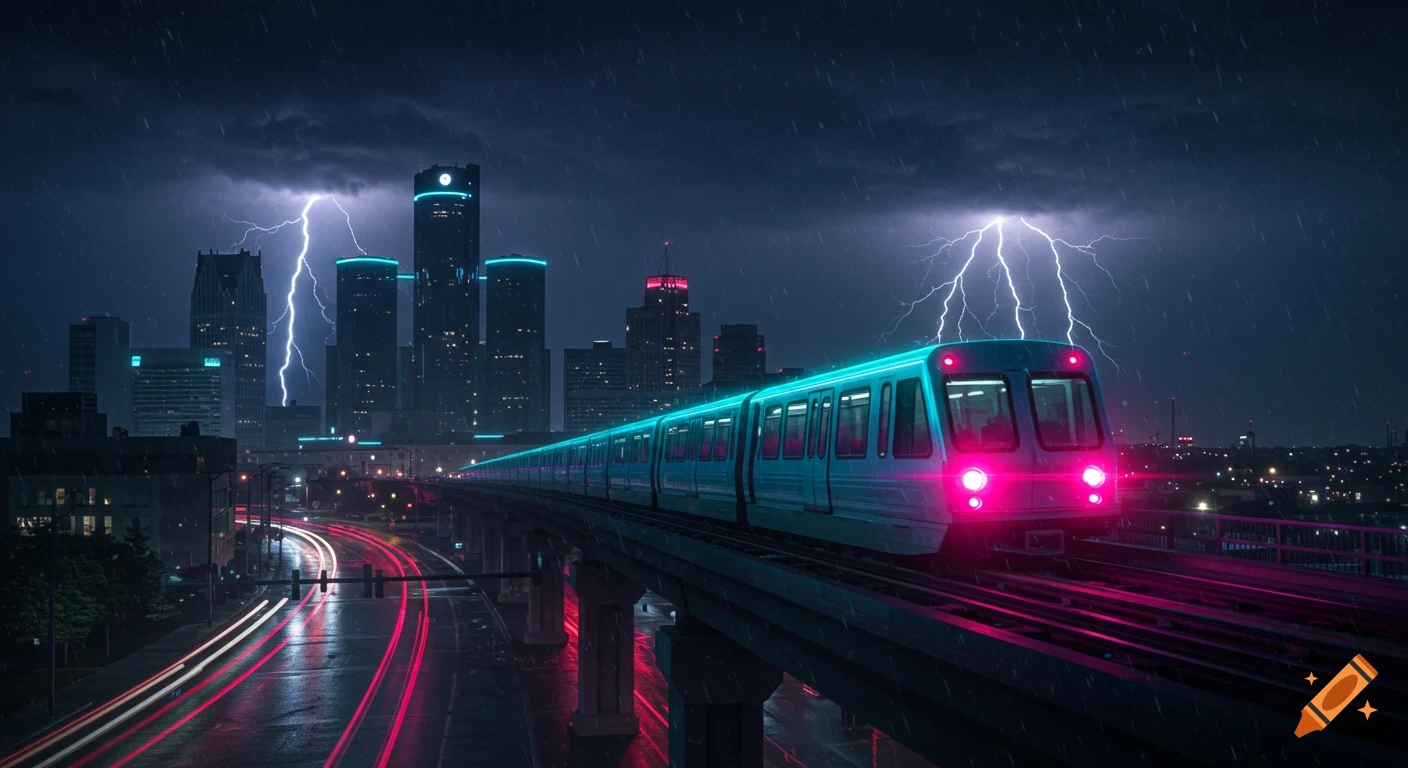 A neon blue and pink train moves along an elevated track through a city at night during a lightning storm, with skyscrapers in the background.