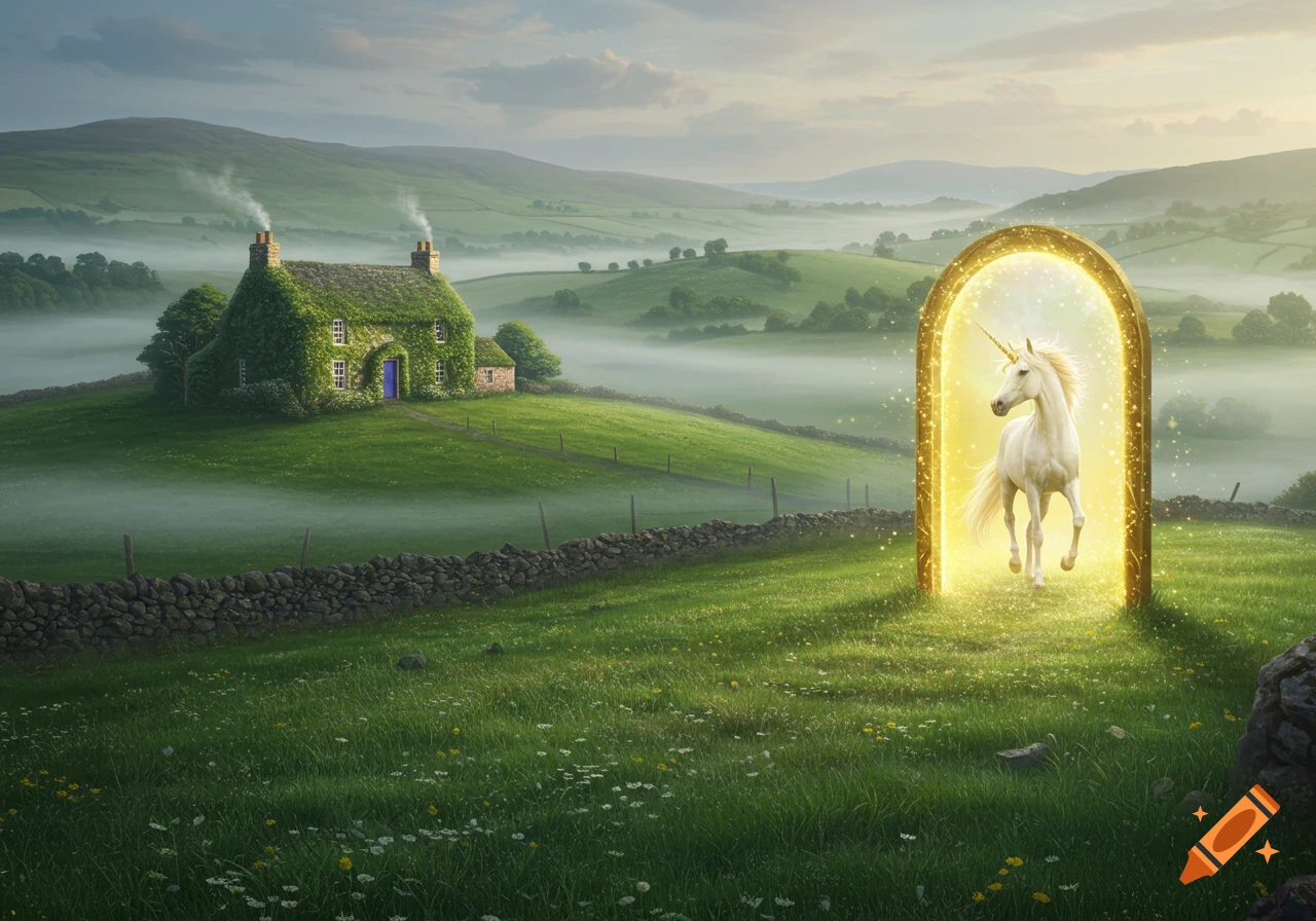 A white unicorn steps out of a shimmering golden portal in a misty green field with a moss-covered cottage.