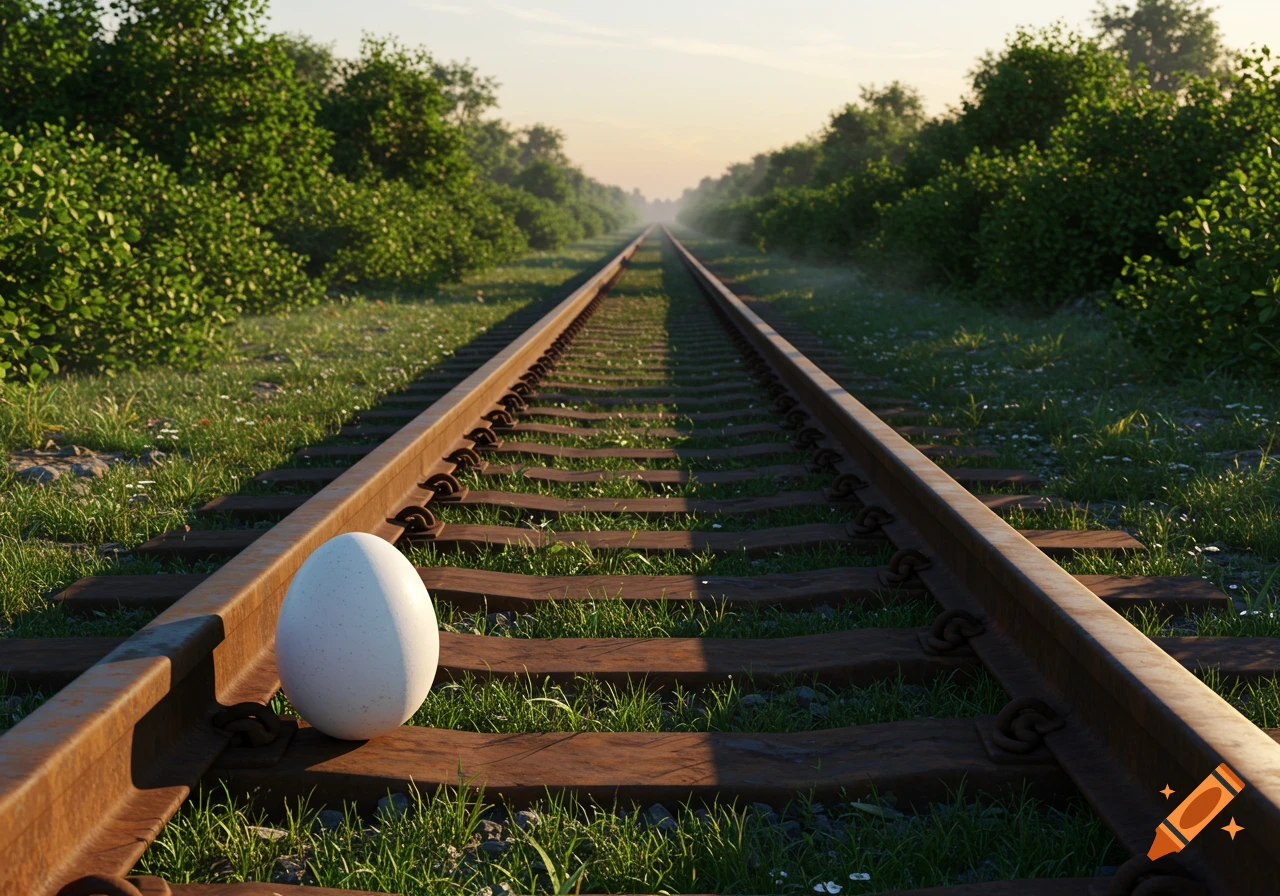A white egg rests on a train track rail, surrounded by green grass and trees, under a clear sky.