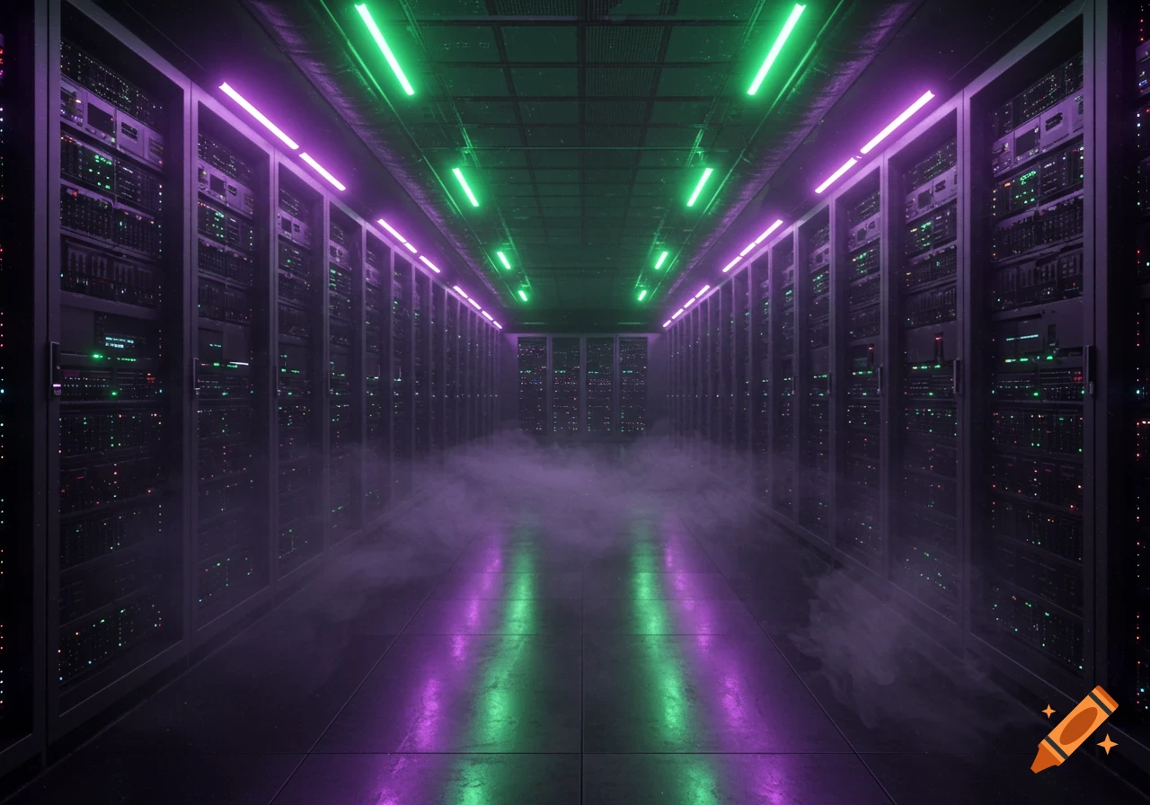 A long corridor in a server room illuminated by glowing purple and green neon lights with mist on the floor.