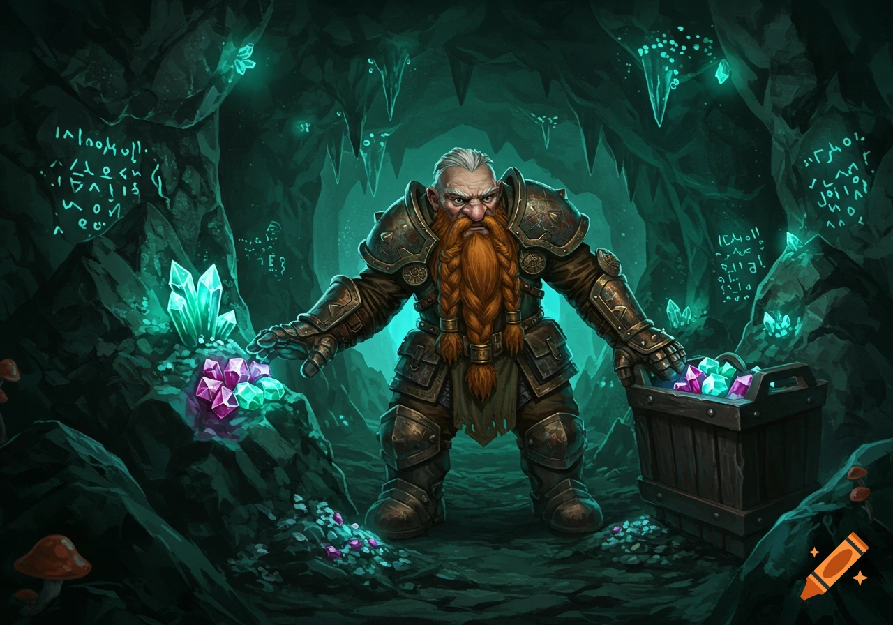 Detailed computer animated dwarf miner with a braided beard, wearing armor, standing in a glowing fantasy cave with gems and a crate.