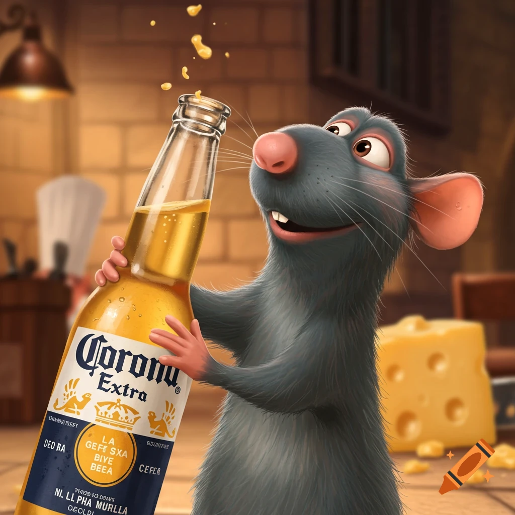 Cartoon rat Remy holding a Corona Extra beer bottle, smiling in a kitchen with cheese in the background.