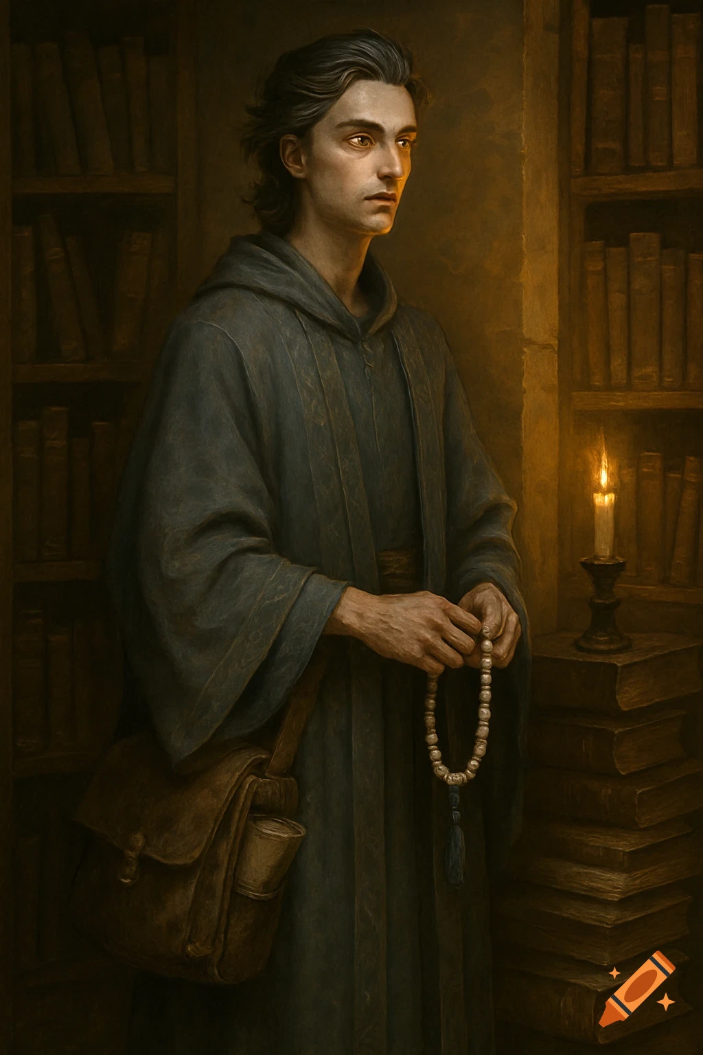 A young scholar in dark robes holds prayer beads by candlelight in a dimly lit library. The art style resembles an oil painting.