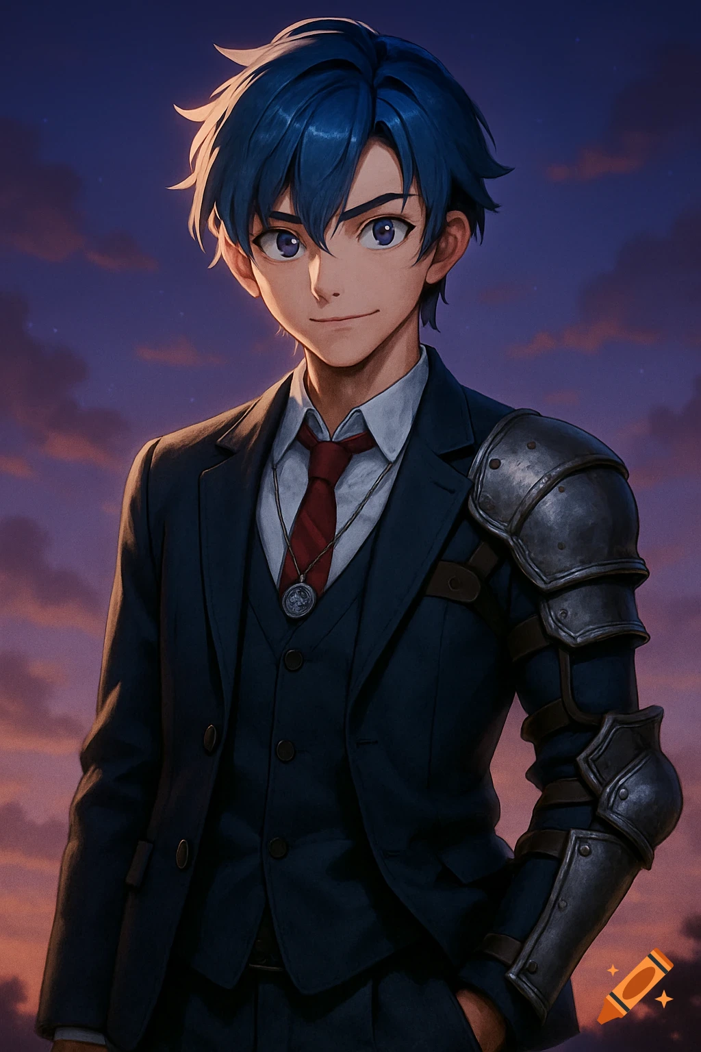 An anime boy with blue hair and purple eyes in a dark suit with a red tie, medallion, and arm armor, against a twilight sky.