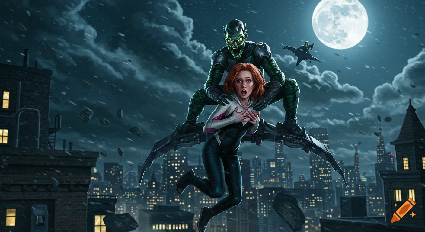Green Goblin abducts a frightened Gwen Tennyson above a stormy city skyline at night, with a full moon.