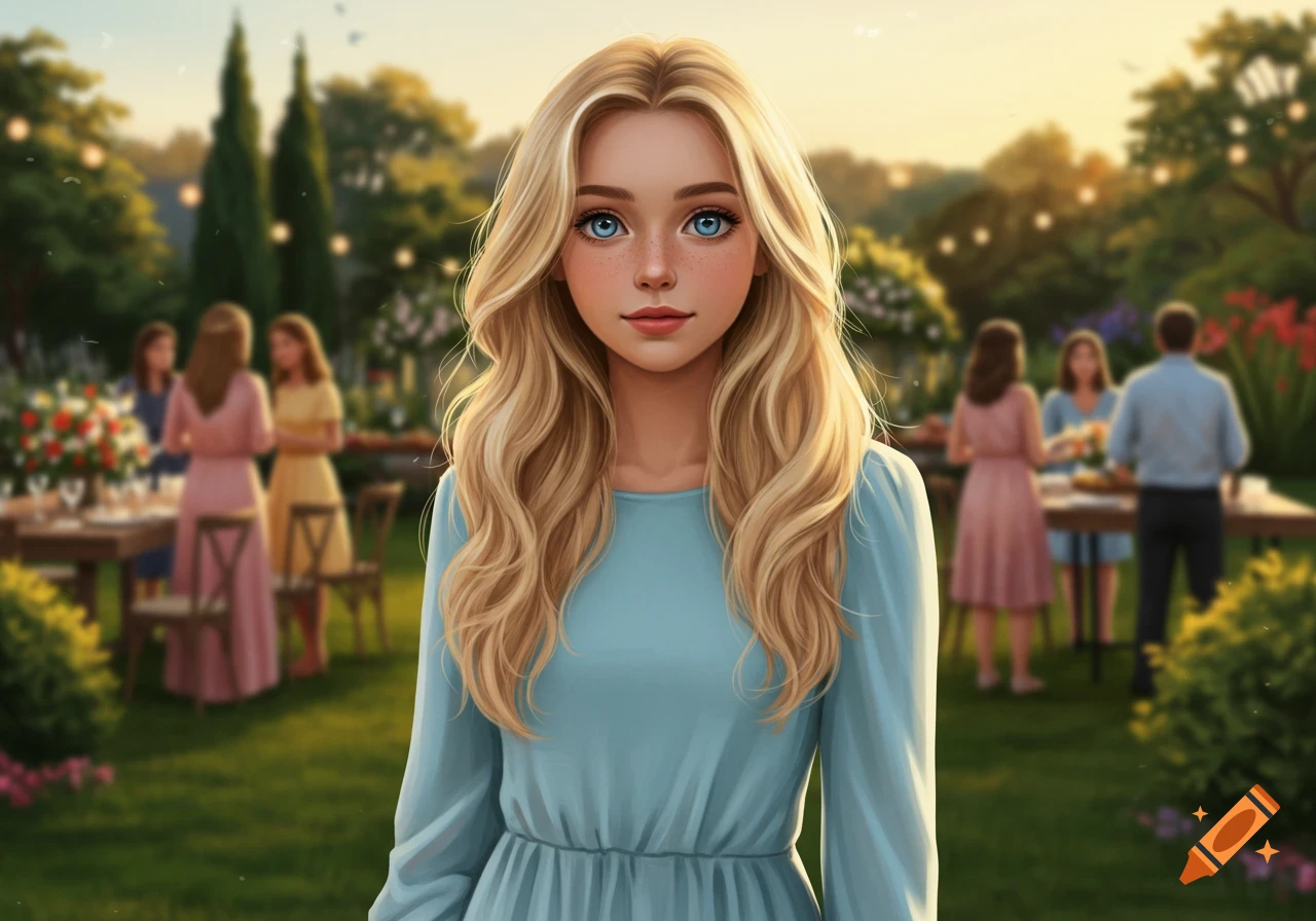A blonde woman in a baby blue dress stands in a vibrant garden party setting, digital art.