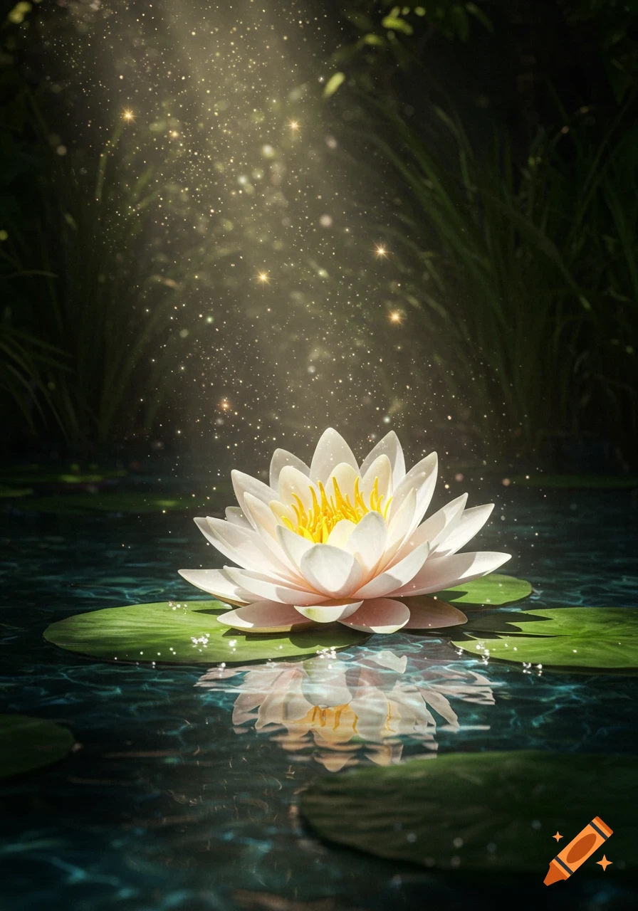 A radiant white water lily floats on crystal-clear water, bathed in a magical glow with delicate sparkles and dreamy reflections, hyper-realistic style.