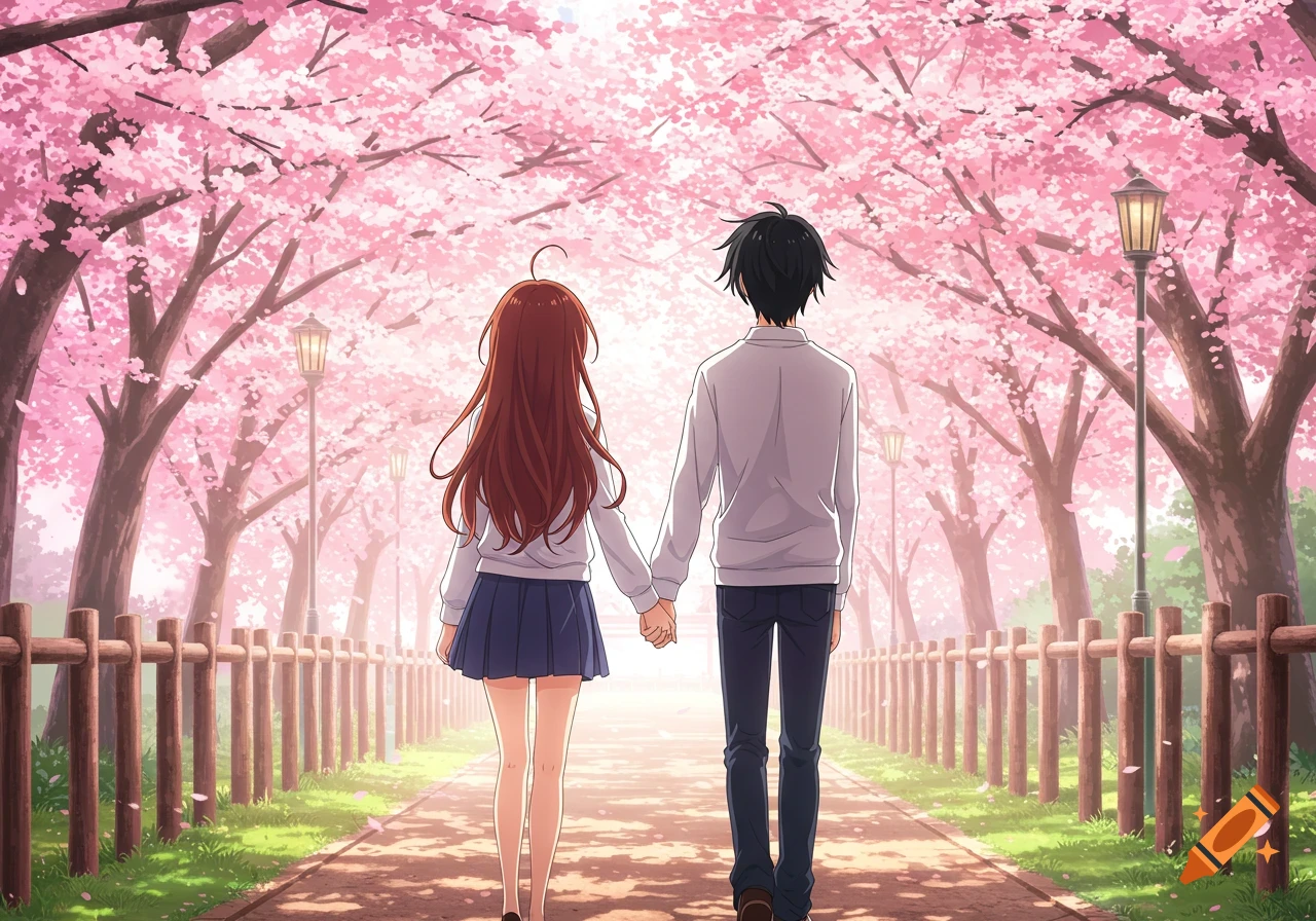 Anime couple walking hand-in-hand down a path lined with pink cherry blossom trees, seen from behind.